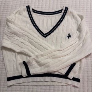 SHEIN White V-Neck Sweater with Black Trim